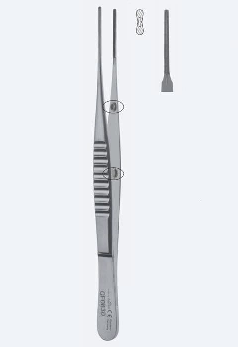 Пінцети атравматичні для тканин, De Bakey Anti-Cross, із Safety Pin та Press Stopper, кінчик 2 мм, довж 200 мм. Бренд - Asanus Medizintechnik Gmb, Німеччина